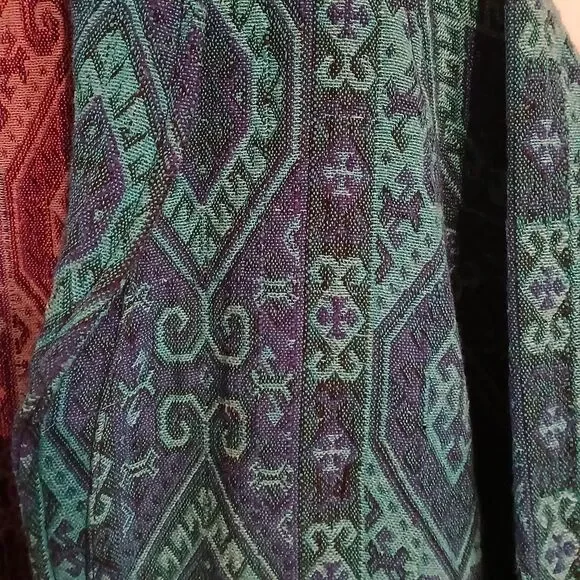 Vintage Teal Jaccard Weave Boho Hippie Tapestry Jacket Made in Turkey